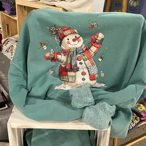 Quilted Snowman Crewneck Sweatshirt - Festive Teal Design with Scarf and Hat - Soft and Cozy Winter Wear