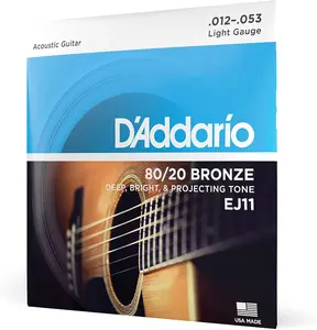 Guitar Strings - Acoustic Guitar Strings - 80/20 Bronze - For 6 String Guitar - Deep, Bright, Projecting Tone - EJ11 - Light, 12-53