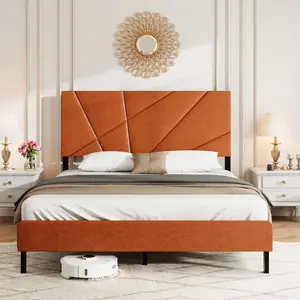 Full size metal bed frame, square platform bed with under-bed storage, no spring-loaded mattress required, vintage brown