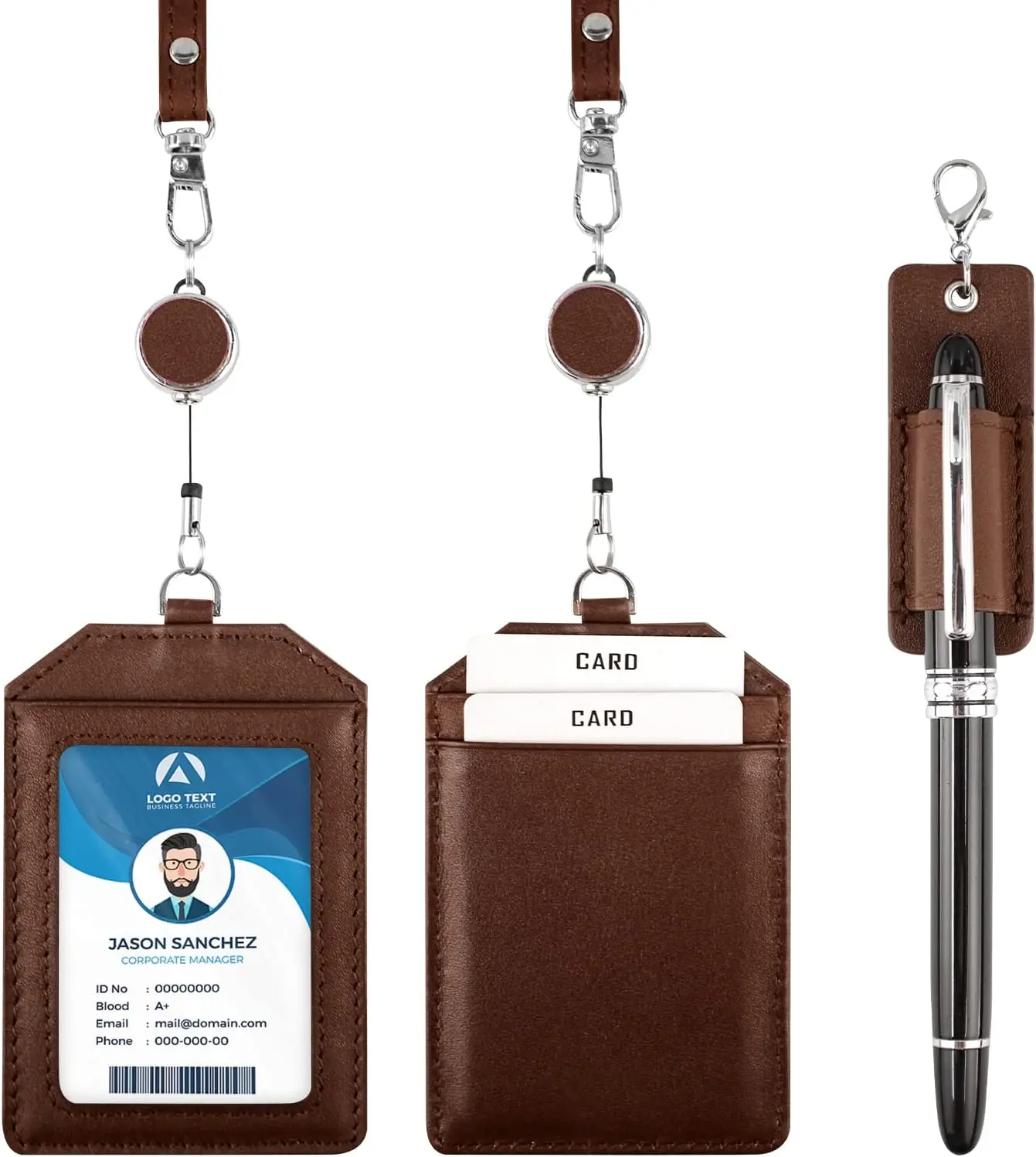 Office Badge Holder -   Credit ID Card Holder with Stretch  Lanyard Vertical Style (Brown)