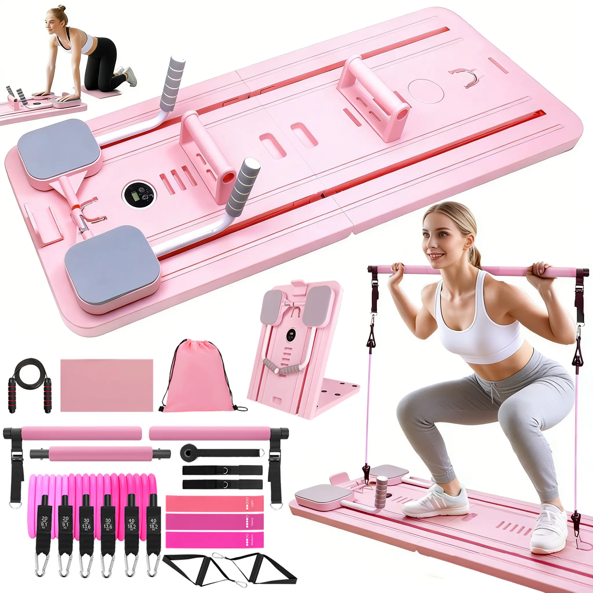homimanor Pilates Sport Set for Beginners, Foldable & Portable PP Home Exercise Board with Auto Rebound, Bar, Bands & Cardio Rope, Rope For Cardio, All‑In‑One Set