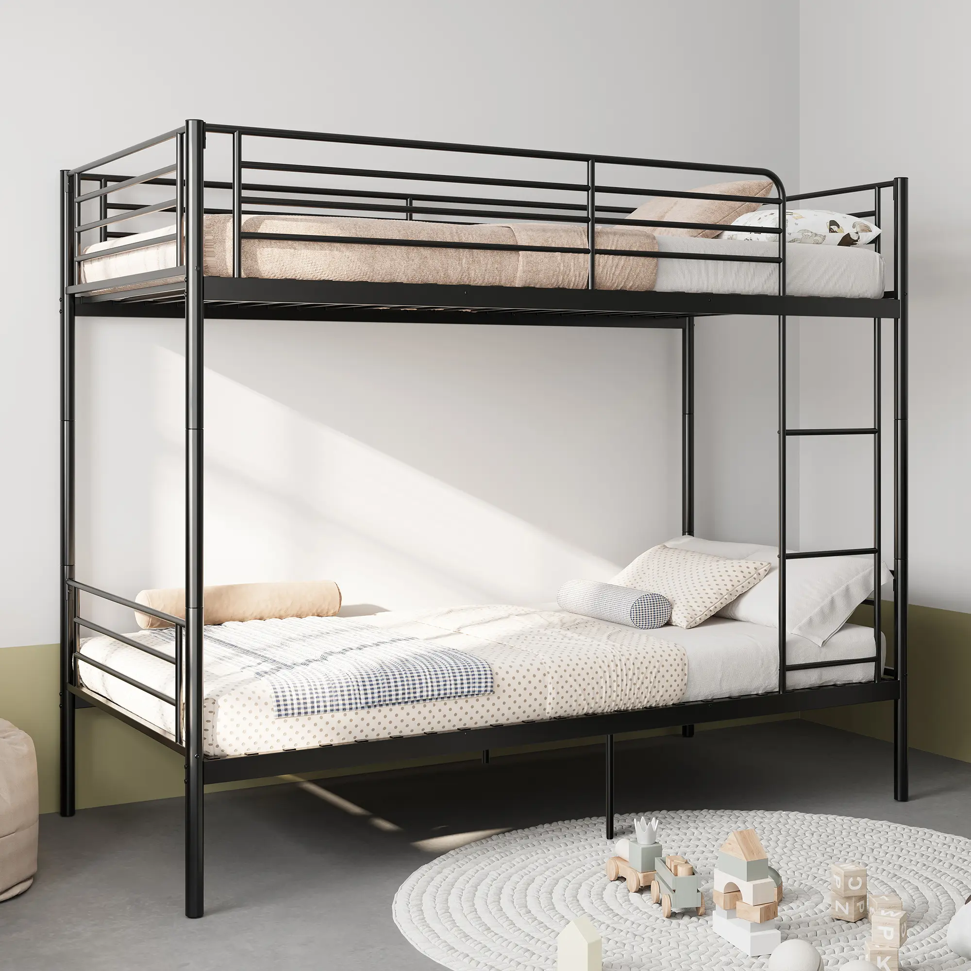 Twin over twin metal bunk bed that can split into 2 separate single beds. Equipped with sturdy ladder and extra high safety guardrail. Built-in storage space, noise-free design for kids’ bedroom. Heavy-duty metal frame bunk bed for teens & kids #BunkBed