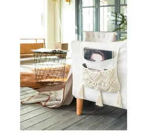 Mkono Macrame Couch Organizer Remote Control Caddy Sofa Armrest Armchair Bedside Storage Holder Bag for TV Remote, Magazine, Books, Cell Phone, iPad, Boho Living Room Home Dorm Decor, Beige