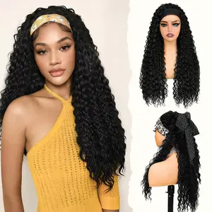 Curly Headband Wig 30 Inch Long Curly Synthetic Headband Wigs for Women Glueless None Lace Front Deep Wave Wigs Wear and Go Wet and Wavy Headband Half Wigs for Daily Party Use 200% Density
