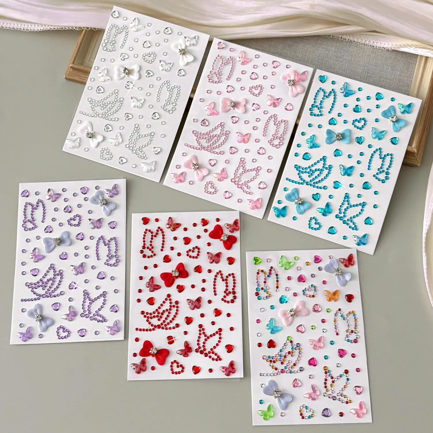 6Sheet Sparkling Butterfly Heart Face Gems Stickers Self-Adhesive Rhinestone Bow Tattoo Sticker Makeup for Eye Face Decoration