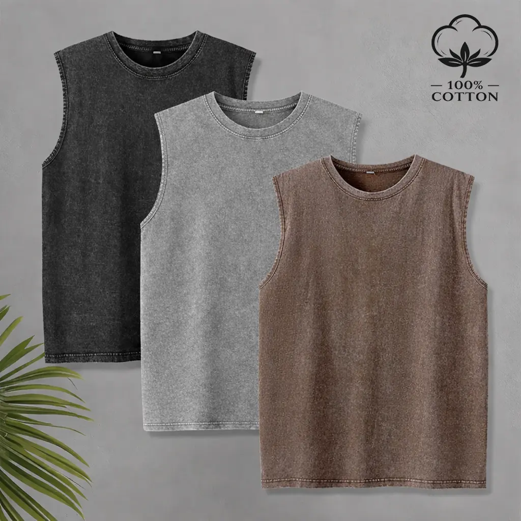 Men’s distressed acid-wash sleeveless T-shirt tank top, athletic tank top, base layer tank top, sleeveless tank top, 100% cotton tiktokshopspringglowup