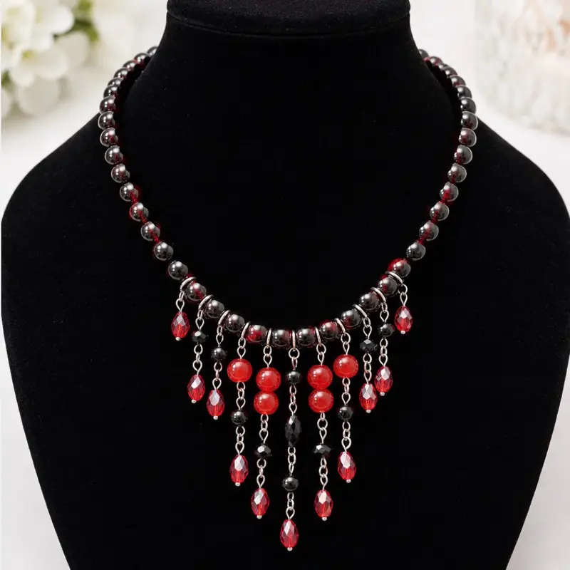 Vampire Gothic Themed Necklace Made With Glass Beads and Glass Faceted Beads
