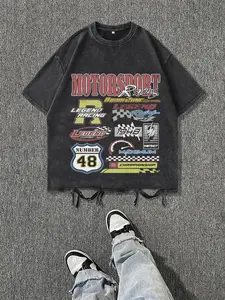 Men's Vintage Letter Print Raw Hem Round Neck Tee, Regular Fit Casual Short Sleeve T-shirt, Men's Summer Top for Daily Wear, Cotton