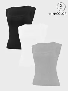 3Pack Women's Sleeveless Square Neck Ribbed Stretch Slim-Fit Tank Top – Black/White/Apricot/Gray/Gray-Green Multi-Colors – Sizes S-XL – Suitable for Layering/Daily/Commute & More Scenarios