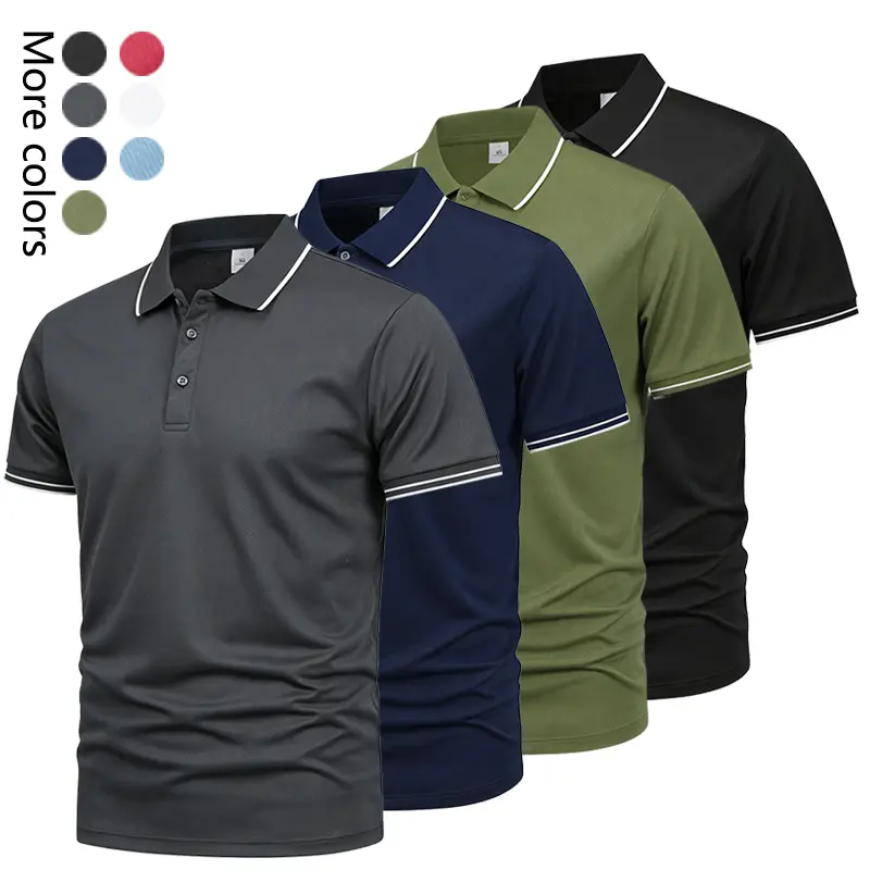 Four-piece set: casual men’s short-sleeve polo shirt; quick-dry golf and tennis shirts; comfortable riding apparel; fashionable men’s sportswear; suitable for casual gatherings, vacations, and travel; contrast color design at the neckline and cuffs.