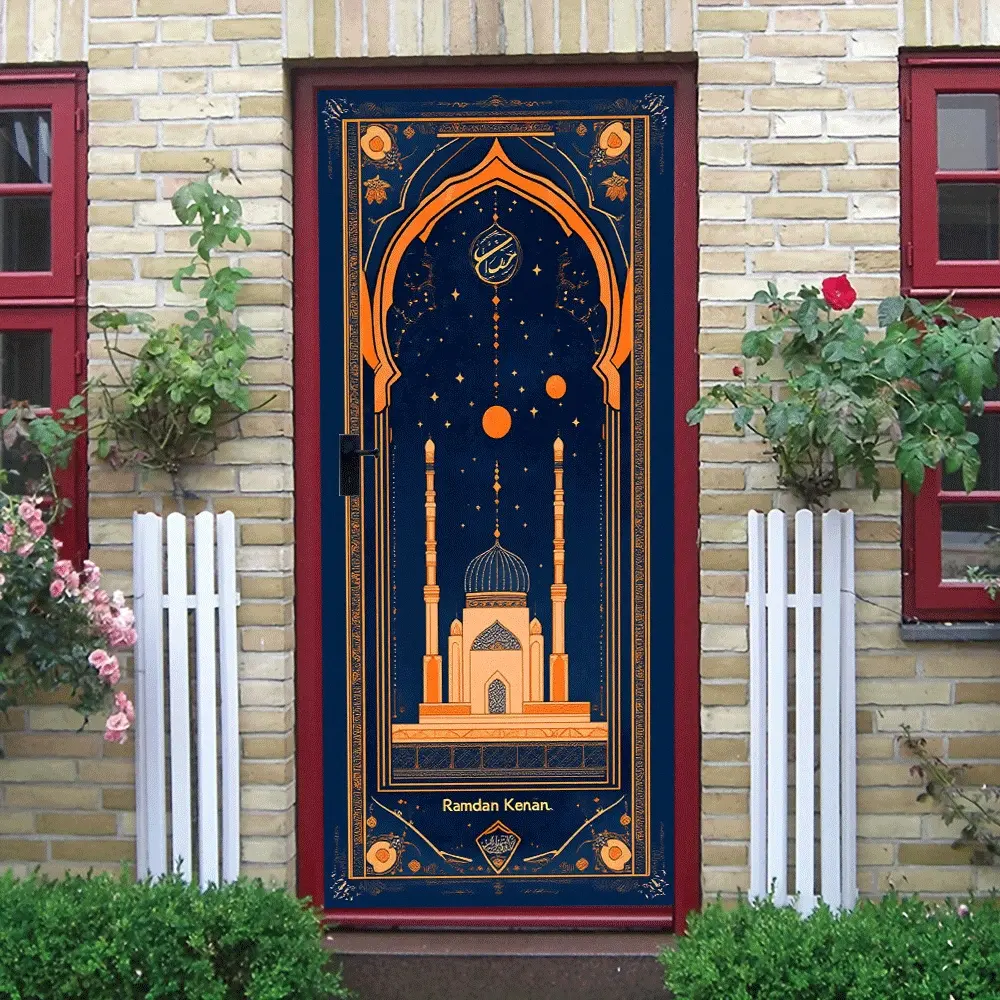 2pcs Ramadan Themed Decorative Door Wall Sticker Arabic Style Mosque Pattern Festival Atmosphere Decoration Removable Self Adhesive Home Decor Sticker Living Room Bedroom Door Decoration Supplies  Collag
