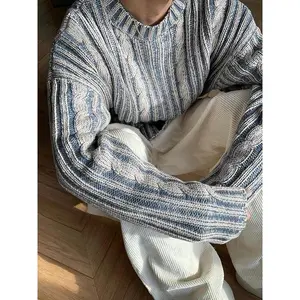 Autumn–Winter Vintage Blue Striped Sweater, Casual Loose Knit Pullover, Thick Fabric for Comfortable Wear During the Autumn and Winter Seasons
