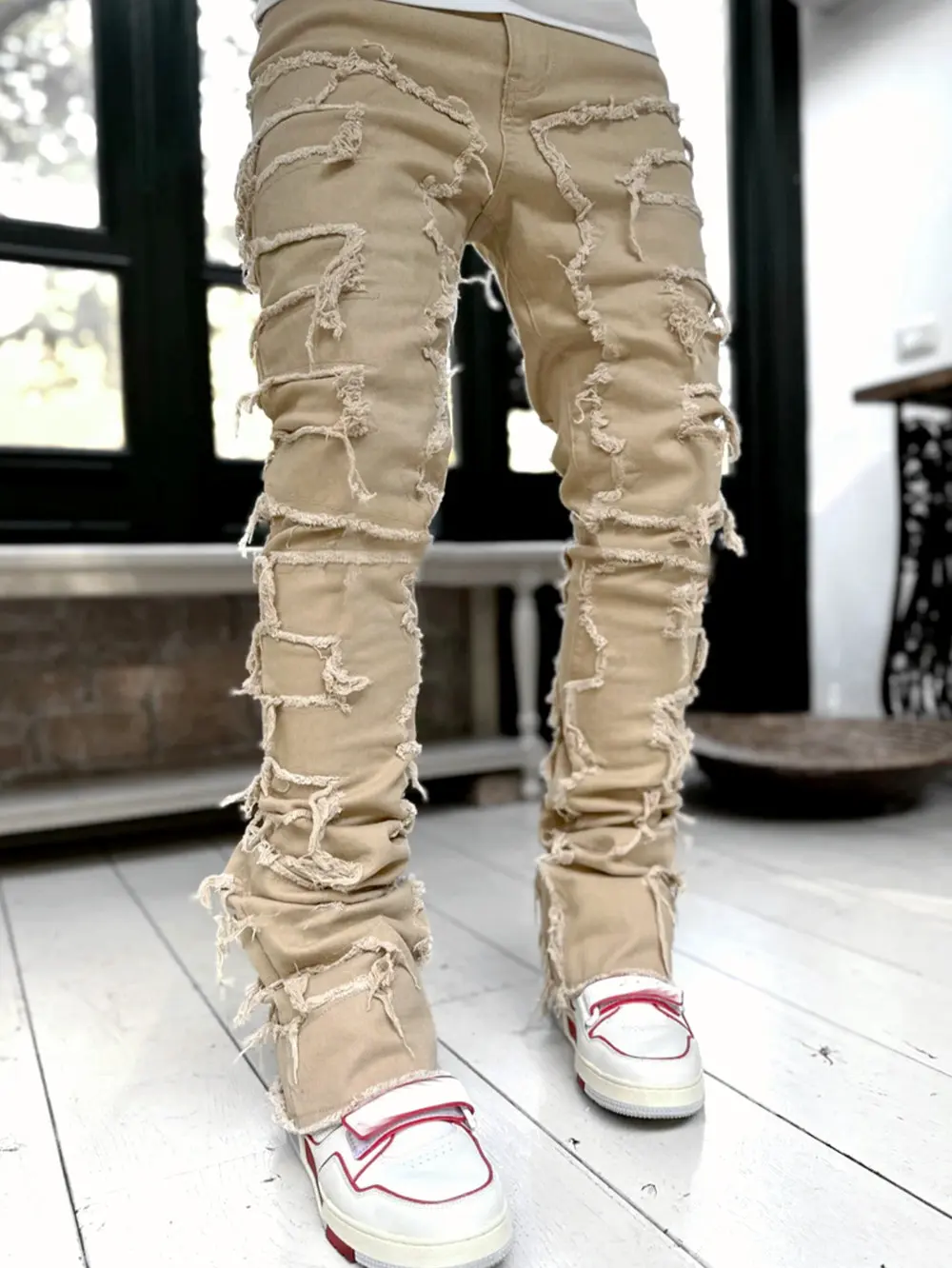 Men's Plain Khaki Vintage Hiphop Spliced Slim Flared Distressed Biker Jeans - Stacked Streetwear Denim Trousers for Menswear Summersale, Pants, Stylish, Stacked Jeans, Street Wear, Cotton Denim, All Seasons, Floor Length, Khaki Hiphop Vibe