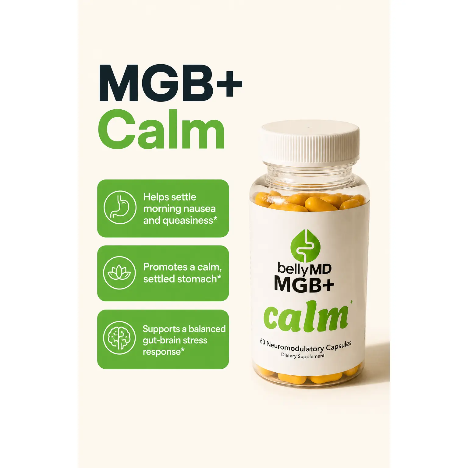 MGB+ Calm Magnesium Glycinate & Lipid-Soluble B1 Supplement | Nausea & Nervous Stomach Support | Physician-Formulated, 60 Vegetarian Capsules by BellyMD