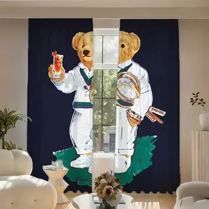 Creative Polo Bear Print Curtains, Blackout & Sunshade Polyester Fibers, Ideal for Kitchen Bedroom Office Living Room Decor, Home Decoration Curtain, No Rod Included, Window Curtain