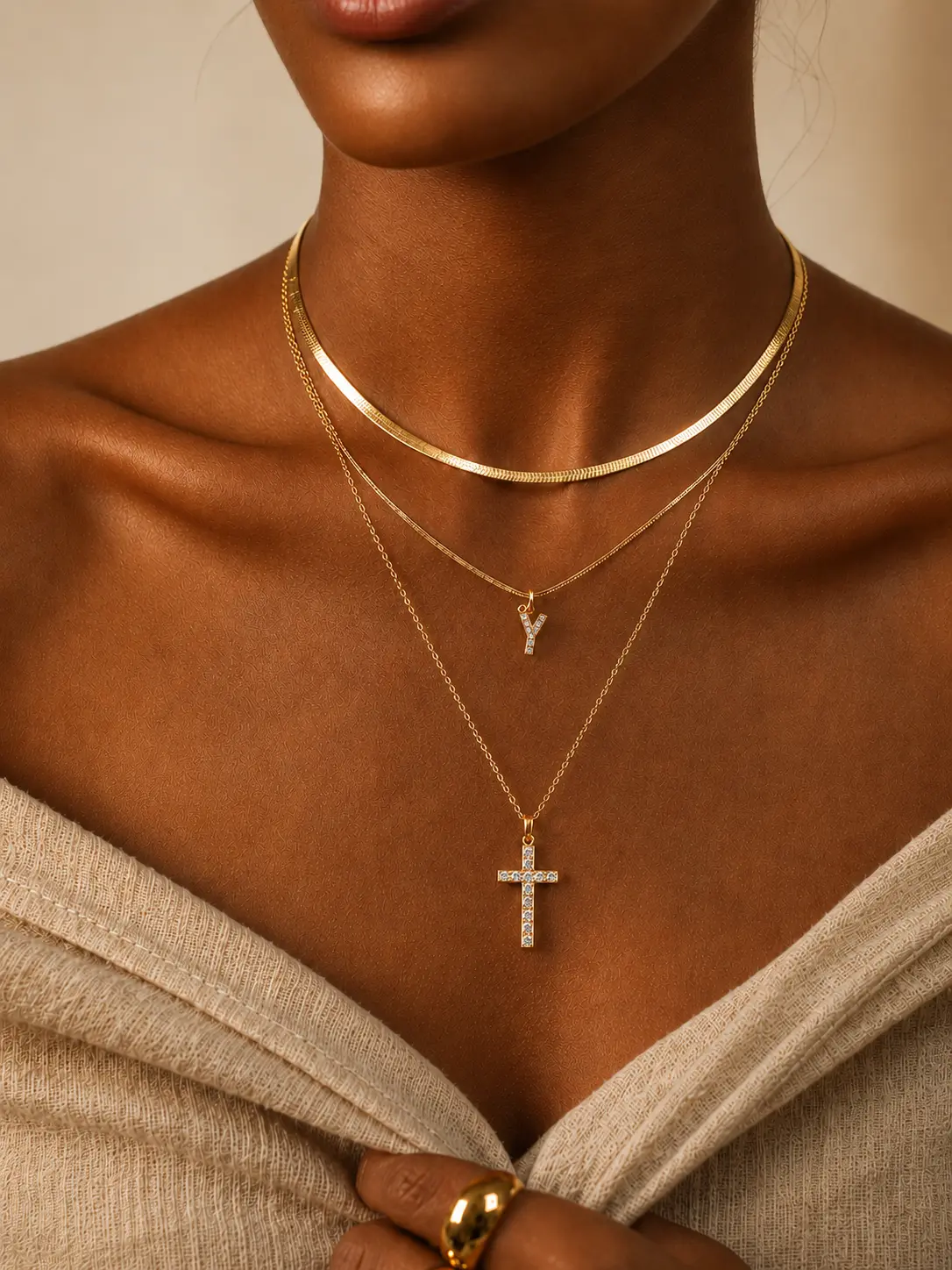 3 Layer Gold Cross Necklace Set for Women, Herringbone Choker, Y Pendant Necklace & Rhinestone Cross Chain, Dainty Layered Necklace Set, Summer Jewelry Gift