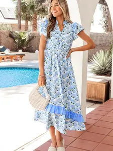 Women's Hydrangea Floral Maxi Dress | Smocked Waist Flutter Sleeve Long Dress