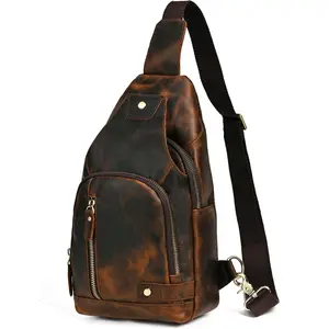 Thick Crazy horse Leather Triangle Crossbody Sling Chest Bag Travel   Bag Daypack For Men Male 3028