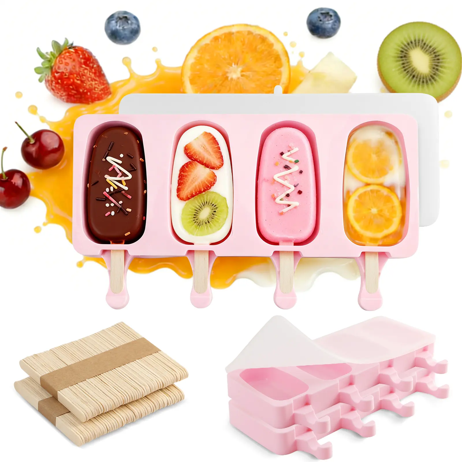 3 Set Popsicles Molds with Lids, Large Cake Pop Mold Cakesicle Mold 4 Cavities with 100 Wooden Sticks, Silicone Reusable Ice Pop Molds for Cake Pops, Ice Pops, Cakesicles, Ice Cream, Pink