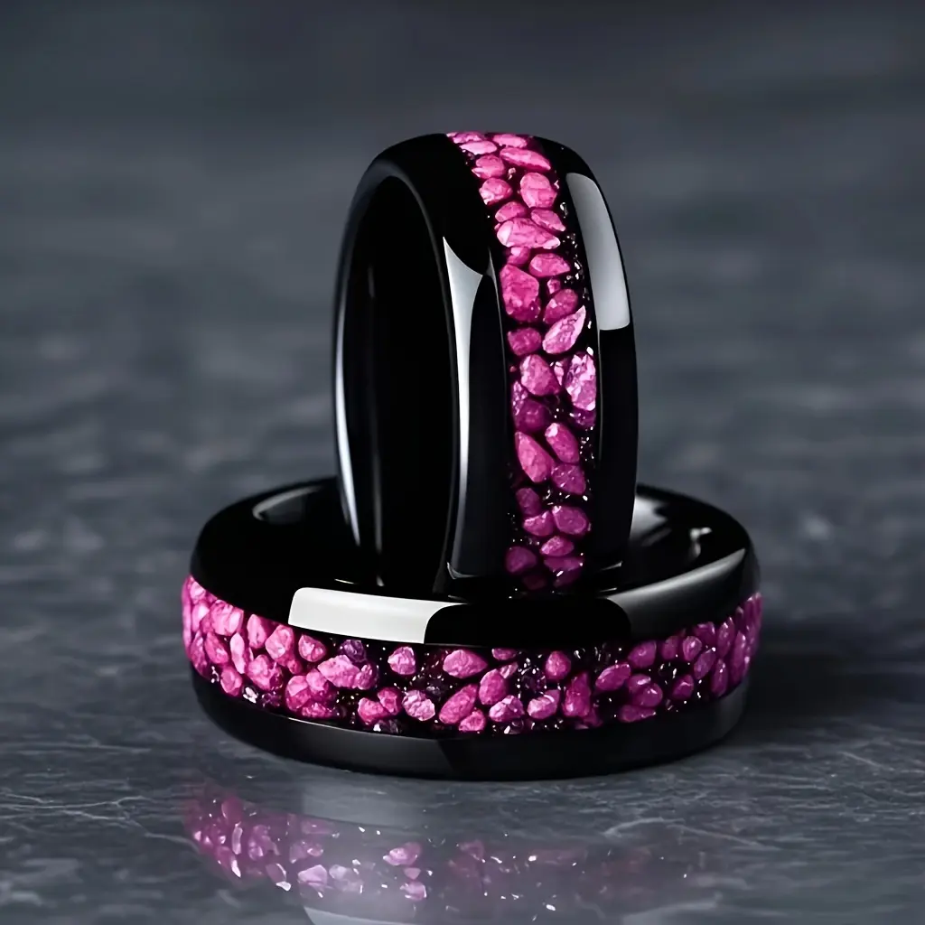 Unisex Black Stainless Steel Ring with Metal Coating and Blush Pink Accents - Valentine's Day Gift, Special Occasion Costume Jewelry
