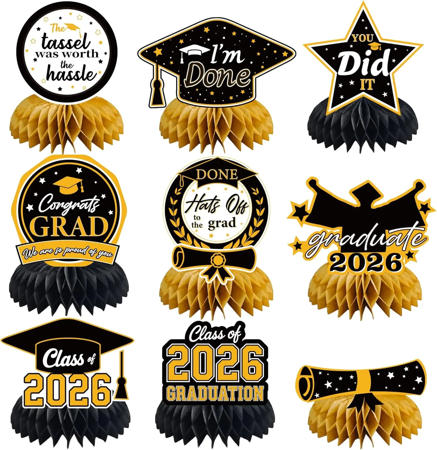 Black Gold Graduation Honeycomb Table Centerpieces & Toppers, 2026-2027 Graduation Party Favors Supplies (Home & Festive Party Activities Essentials)