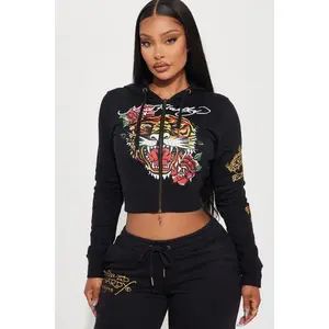 Ed Hardy Retro Tiger Zip Front Hoodie - Black W