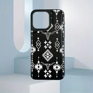 Featuring a Western bull skull and geometric ethnic pattern, this durable TPU casing includes a card slot and offers various functionalities for bank and transit cards. It is compatible with iPhone 17, 16, 15, 14, 13, 12, and Samsung models.