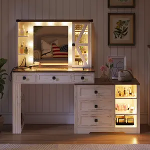 FREDEES Farmhouse Vanity Desk Set with Mirror and Lights,Hollywood mirror lights, Makeup Vanity Table with 6 Drawers/Large Storage, White Dressing Table ，Adjustable Lighting Brightness & Charging Station for Women Dresser With Led