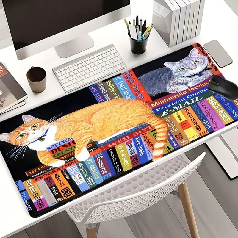 Programmer Cat & Coding Terms Desk Pad Gaming Mousepad XXL Mouse Pad for Laptop Desk Mouse Pad Extra Large with Non-Slip Rubber Base Stitched Edges Surface for PC Gamers Office Workers & Home Use
