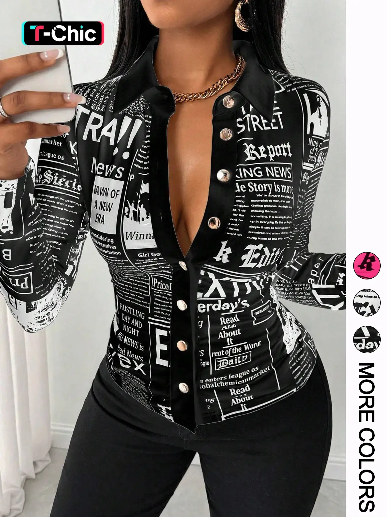 Women's Long Sleeve Casual Fitted Knit Button Up Shirt with Slogan Print, Single Button Front Design, Perfect for Daily Wear & Outdoor Activities, Tops, Casual Everyday Top