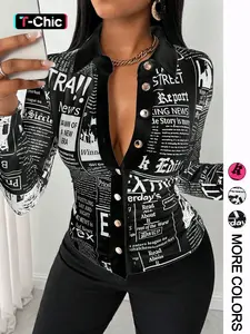 Women's Long Sleeve Casual Fitted Knit Button Up Shirt with Slogan Print, Single Button Front Design, Perfect for Daily Wear & Outdoor Activities, Tops