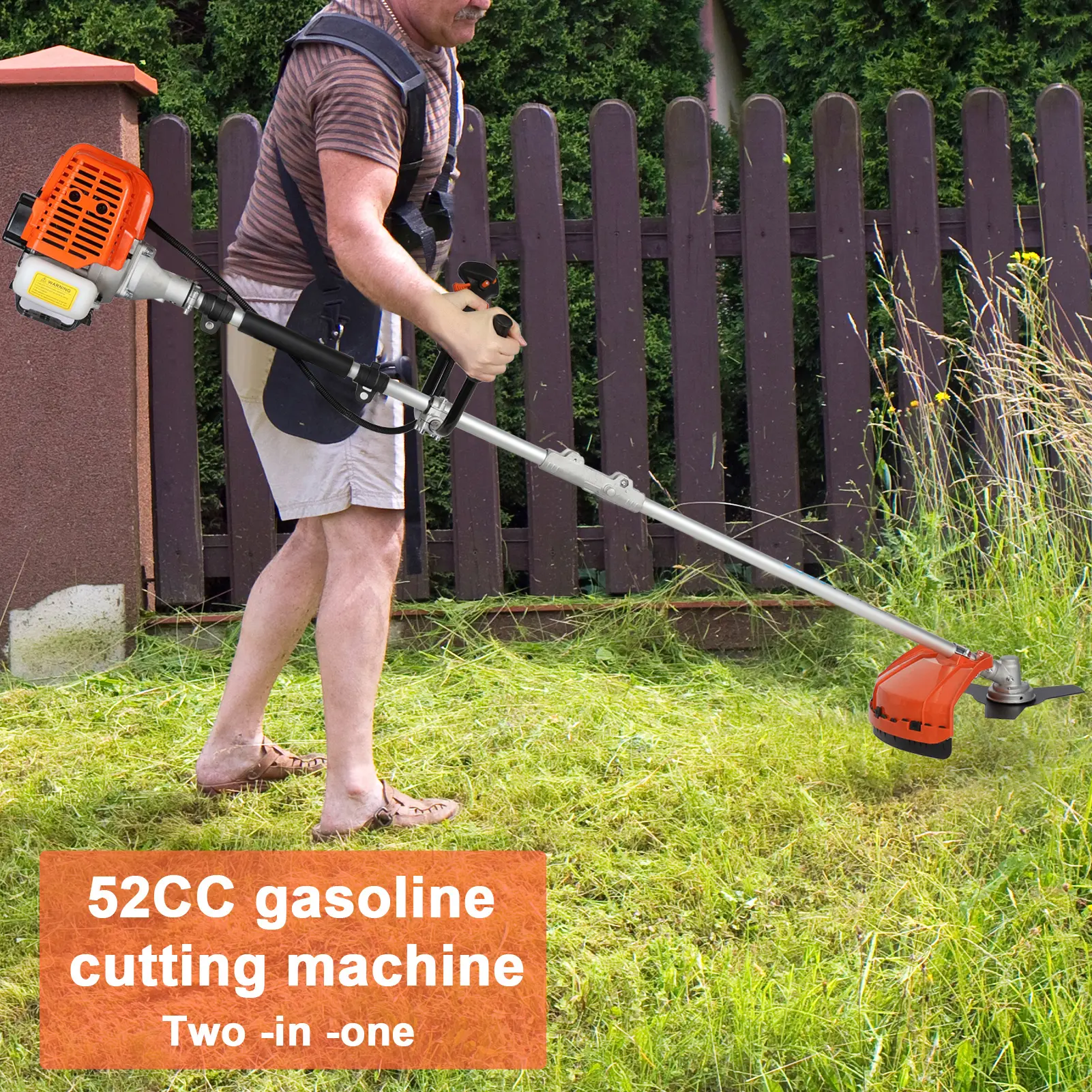 Gas String Trimmer, 52cc Weed Wacker Gas Powered, 2 in 1 Cordless Hedge Trimmer, 2-Stroke Brush Cutter, Handheld Weed Eater, Plastic Handle & Shoulder Strap Included