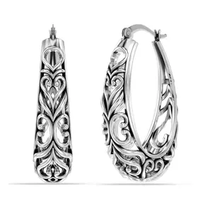 S925 Mother's Day Antique Chic Hoop Earrings with Hollowed-out Pattern Design Huggie Earrings, Hypoallergenic Sterling Silver Vintage Ear Jewelry for Women, Birthday Gift for Lover or Girls, Perfect for Daily Wear and Party