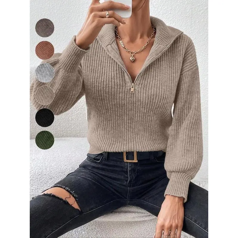 Women's Fashion Fitted Acrylic Long Sleeve Plain Half-Zip Drop Shoulder Lightweight Knit Pullover - Casual Collared Jumper for Spring, Fall Daily Wear