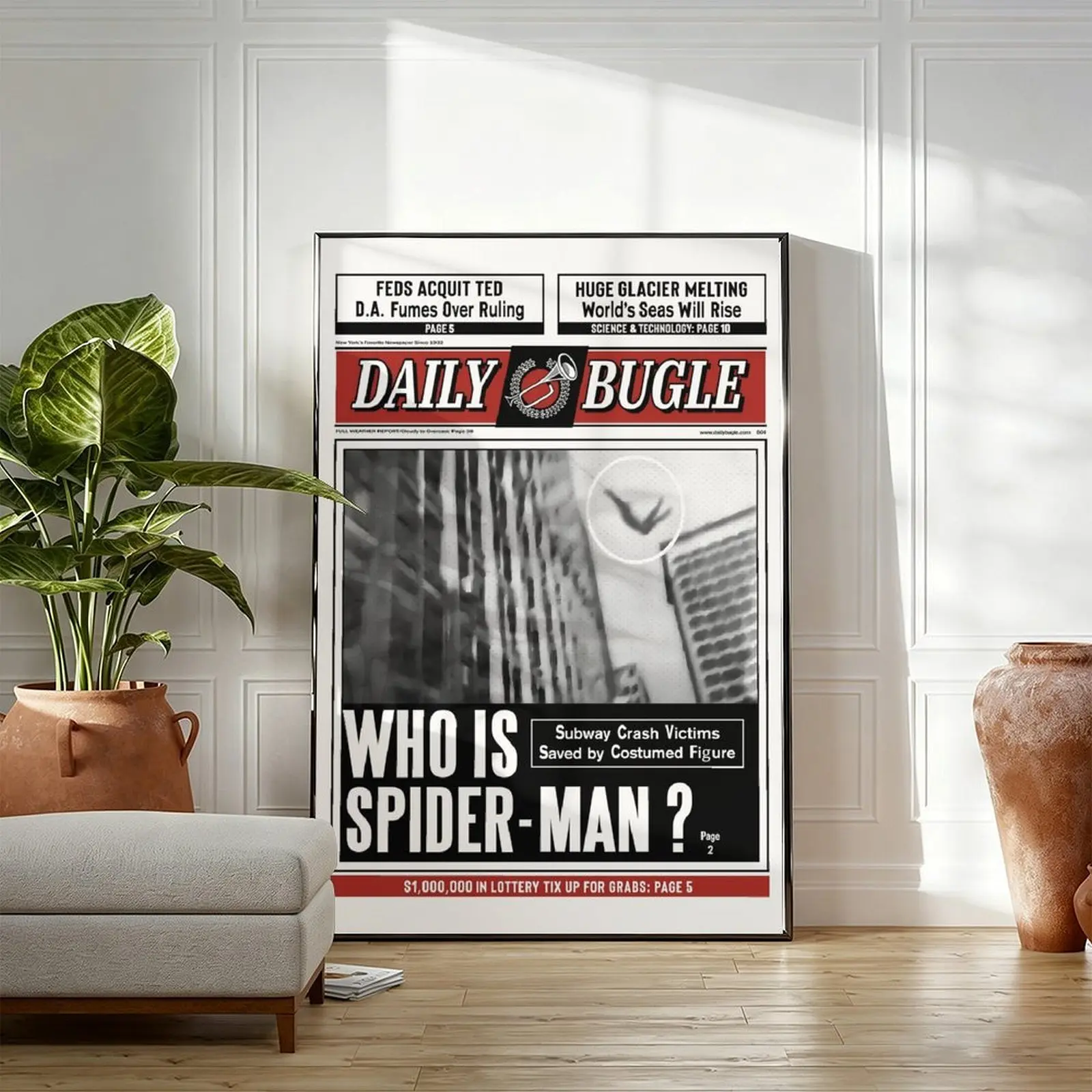 Retro black-white-red newspaper style superhero framed canvas, Daily Bugle classic industrial aesthetic wall print. Cool vintage vibe decor for apartment, bedroom and living room, edgy statement piece for urban modern home interiors.
