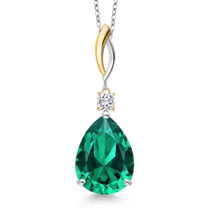 9.57 Cttw Green Nano Emerald and White Moissanite Pendant Necklace for Women | 925 Silver and 10K Yellow Gold | Gemstone May Birthstone | Pear Shape 18X13MM With 18 Inch Chain