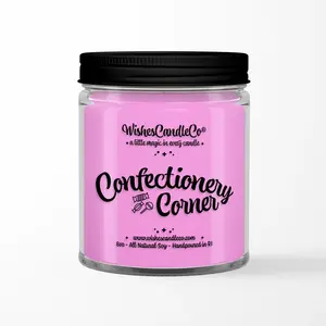 Confectionery Corner 8oz Soy Candle With FREE Hidden Pin Inside of Wax - Candy Store - Main Street - Small Town Candy Shoppe - Wishes Candle Co