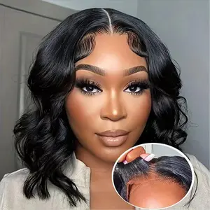 Wear and Go Glueless Wigs Human Hair Pre Plucked Pre Cut 14 Inch Body Wave Bob Wig Human Hair 4x4 Lace Front Wigs for Black Women Brazilian Virgin Human Hair Bob Wigs Glueless 180% Density