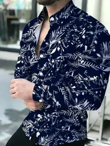 Navy Blue Base White Plant Printed Men's Fresh Shirt