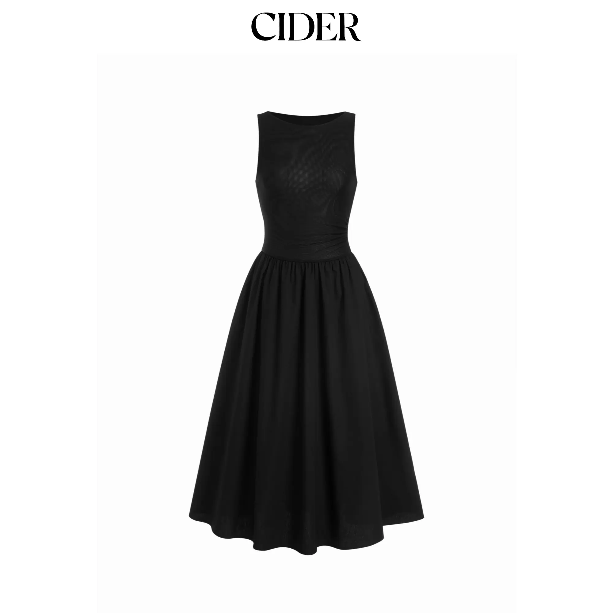 Cider Women's Regular Multi-Size High-Stretch Cotton Sleeveless Boat Neck Low-Rise A-Line Semi-Sheer Maxi Dress with Ruched Detail, Casual Wear