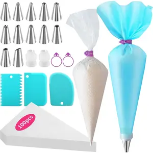Piping Bags and Tips Set -Ultimate Cake Decorating Supplies Kit - Included 100 Disposable Pastry Bags, 1   Bag, 2 Couplers, 12 Frosting Tips, 2 Ties, 3 Icing Scrapers for Baking