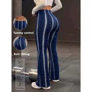 Women's High Waisted Flare Leggings, Blue Printed Tummy Control Yoga Pants for Training and Daily Wear