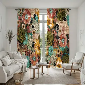 2Pcs Vintage Floral Curtains, Bohemian Style Print, Elegant Window Drapes, Rod Pocket Easy Installation, Semi Sheer Treatments for Living Room Bedroom Study, Home Decor Durable Coverings, Privacy Enhancing Panels, Home Decoration Curtain