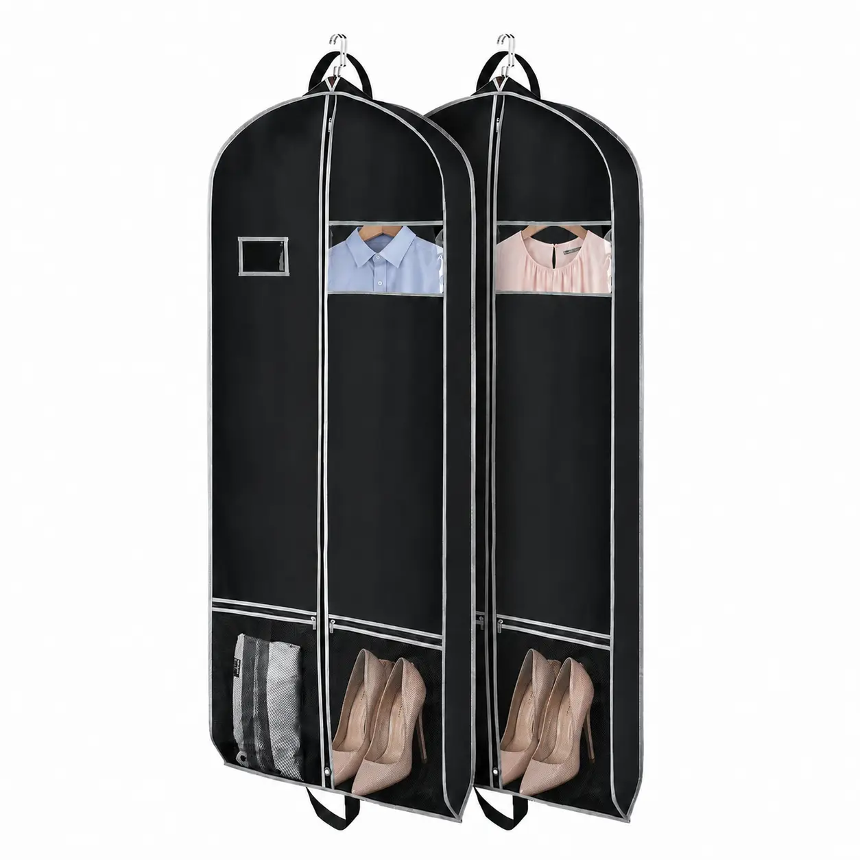 Long Garment Bags for Dresses Coat Bags for Travel and Storage 60 inches Gusseted Suit Cover Protector for with 2 Large Mesh Pockets and 2 Carry Handles for Suit Coat, Dress, Tuxedos Set of 2