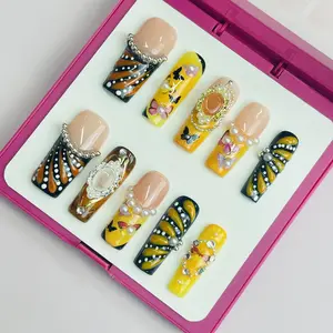 DiDazzle 10 PCS Handmade 2025 Press-On Nails SunnyChar Acrylic Bright Yellow & Butterfly Design Glossy Pop Of Color Nail Art for Everyday Wear or Special Events
