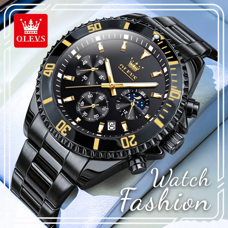 OLEVS 2870 Trendy Men Sports Wristwatch, 42.5mm Black Large Dial Chronograph Watch, 24-Hour Subdial, Calendar Window, Luminous Analog Hands, 3ATM Daily Splash Resistant, Daily Casual Formal Watch, Stainless Steel Watches, Classic