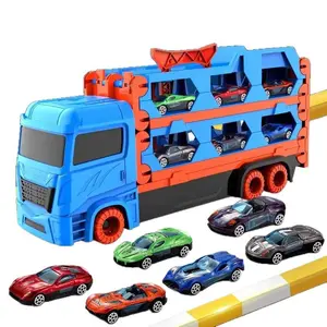 6-in-1 Folding Ejecting Race Track Metal Car Transporter Toy with 6 Vehicles Catapulting Shooting Mechanism for Kids Boys Christmas Gift