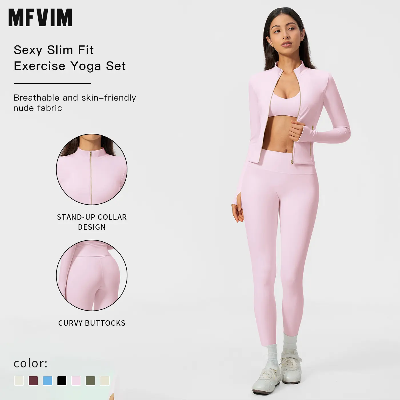 MFVIM women’s three-piece zip-up fitness set featuring a jacket with anti-slip thumbholes, tummy control shaping leggings, and matching sports underwear; soft, second-skin feel yoga wear item