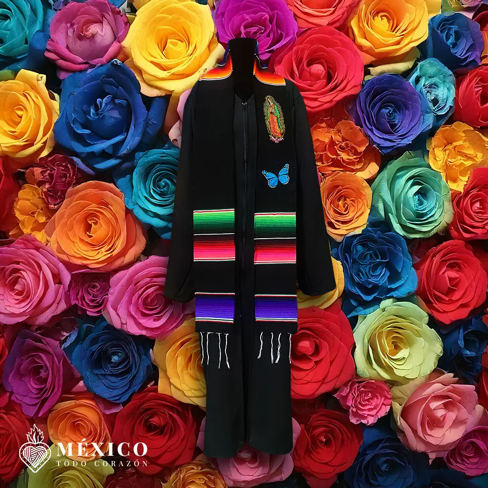 Mexican Graduation Sarape Stole - Black with Gold Letters, Virgen de Guadalupe & Mexican Butterfly Design, Personalized, Classic All-Seasons Cultural Pride Accessory (Do Not Wash), Graduation Stole