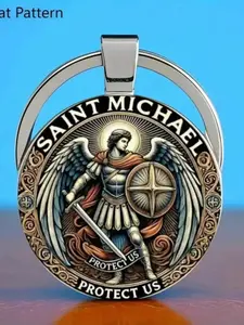 Bestseller Men's St. Michael the Defender Keychain - Fashionable Circular Design with Tempered Glass & Alloy, Anniversary Gift, Phone Strap & Key Ring Accessory